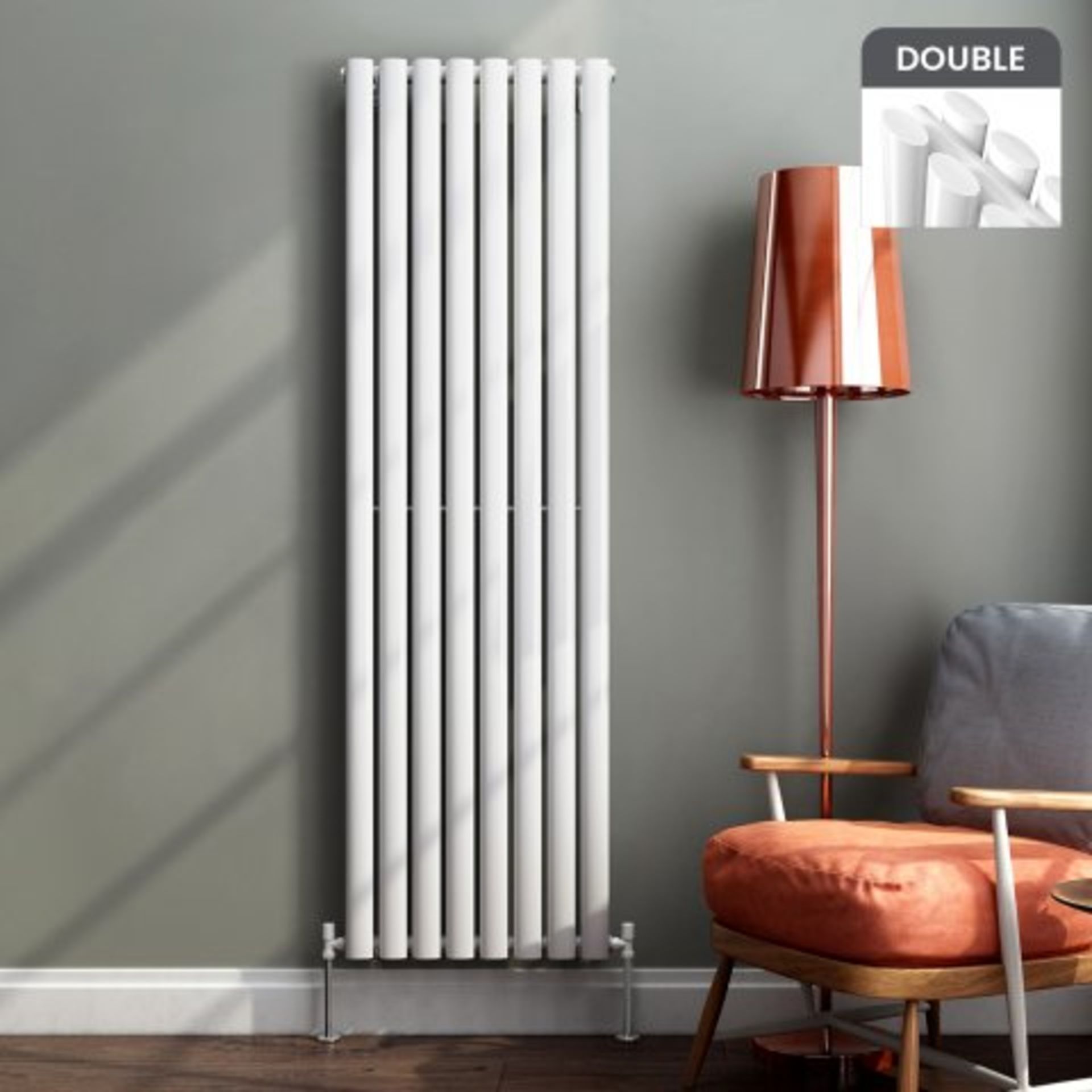 (H57) 1600x480mm Gloss White Double Oval Tube Vertical Radiator RRP £303.99 Designer Touch This