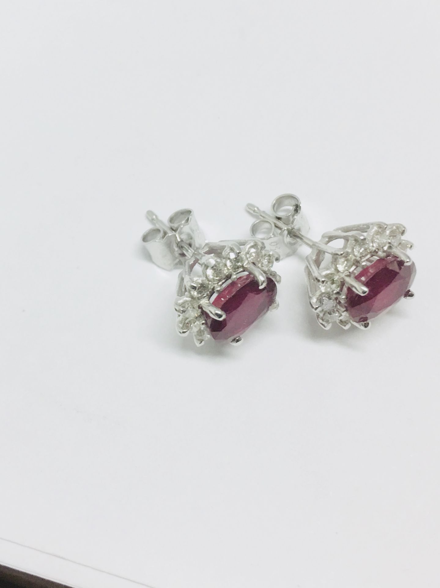 1.60ct ruby and Diamond cluster style stud earrings. Each ruby ( glass filled ) measures 7mm x 5mm - Image 3 of 5