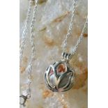 Lotus Cage Pendant with pearls heart inside locket 925 30â€ hammered cable silver chain necklace