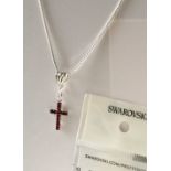 Swarovski Siam red Rhodium Cross and Silver Chain 925 18 inch Necklace popcorn