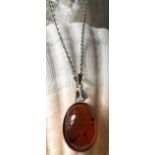 Baltic Cognac Amber oval Cabochon Pendant 20/13mm Sterling silver long 30â€ Necklace chain