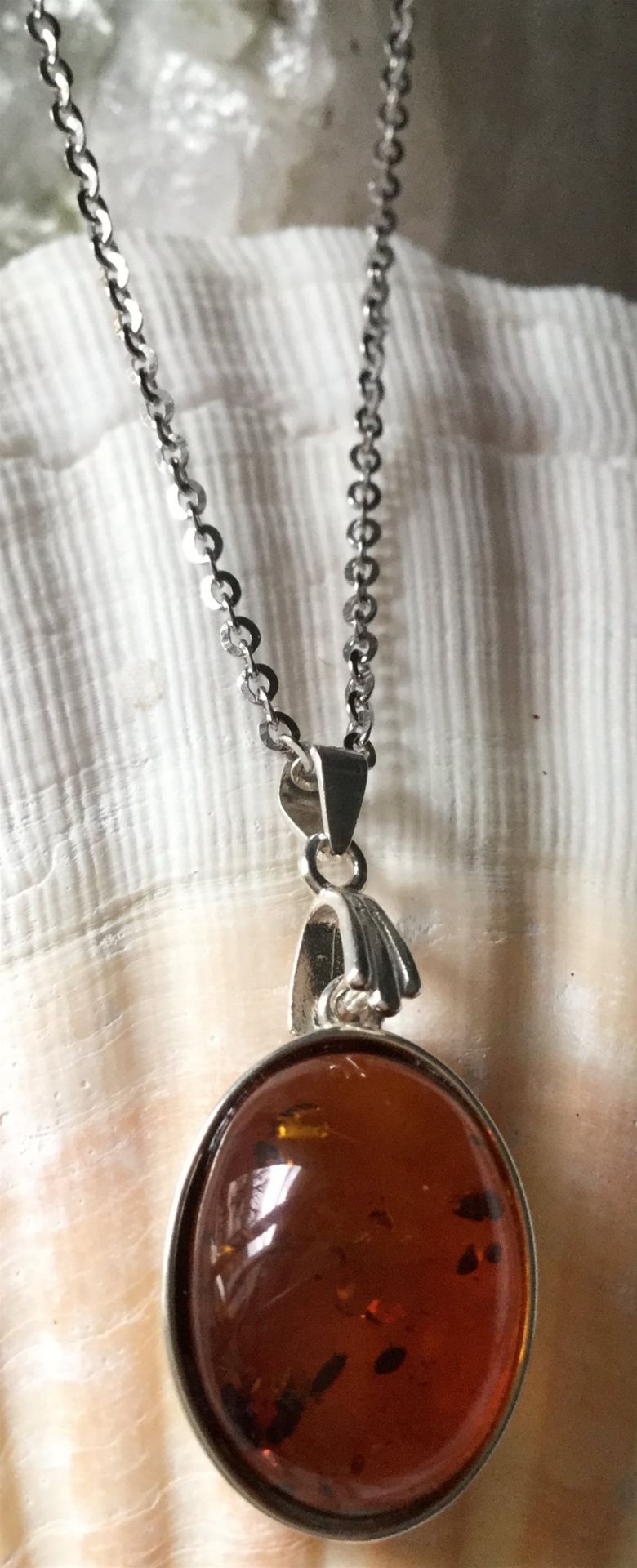 Baltic Cognac Amber oval Cabochon Pendant 20/13mm Sterling silver long 30â€ Necklace chain