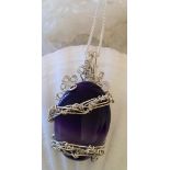 Large ONYX purple wire work pendant 925 silver Italy Silver chain Necklace 32" fine belcher Chain
