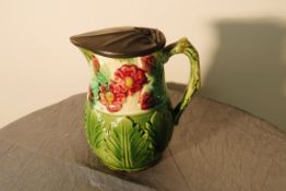 ANTIQUE PEWTER LIDDED FLORAL HAND PAINTED POURING JUG