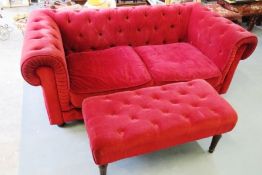 CHESTERFIELD STYLE FABRIC TWO SEATER SOFA WITH MATCHING FOOTSTOOL