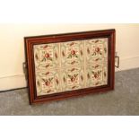 ANTIQUE TILED TRAY WITH BRASS HANDLES