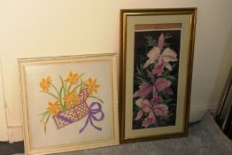 2 x FRAMED EMBROIDERED FLORAL PICTURES