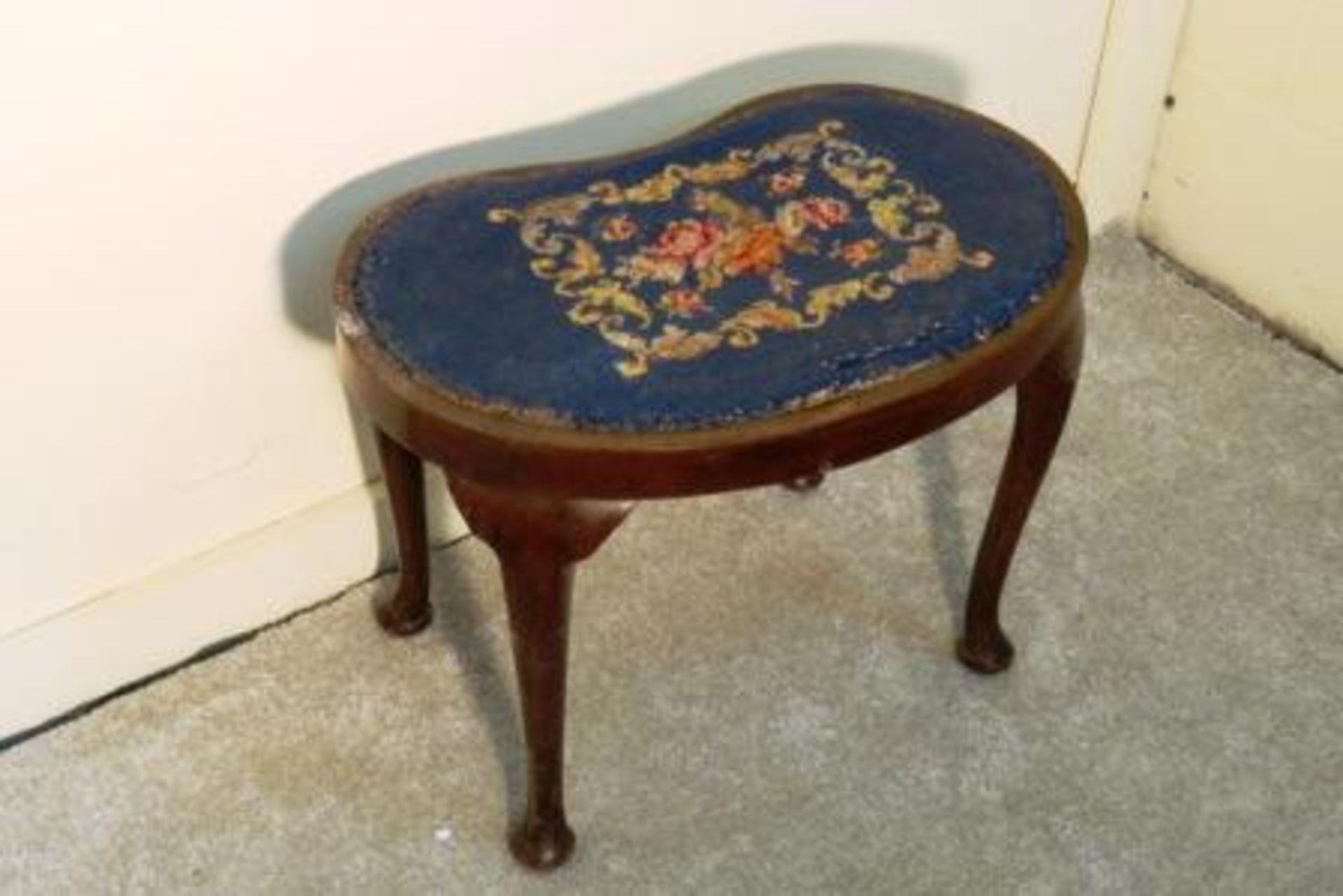 VINTAGE WOODEN STOOL WITH CROSS STITCHED SEAT AND QUEEN ANN LEGS