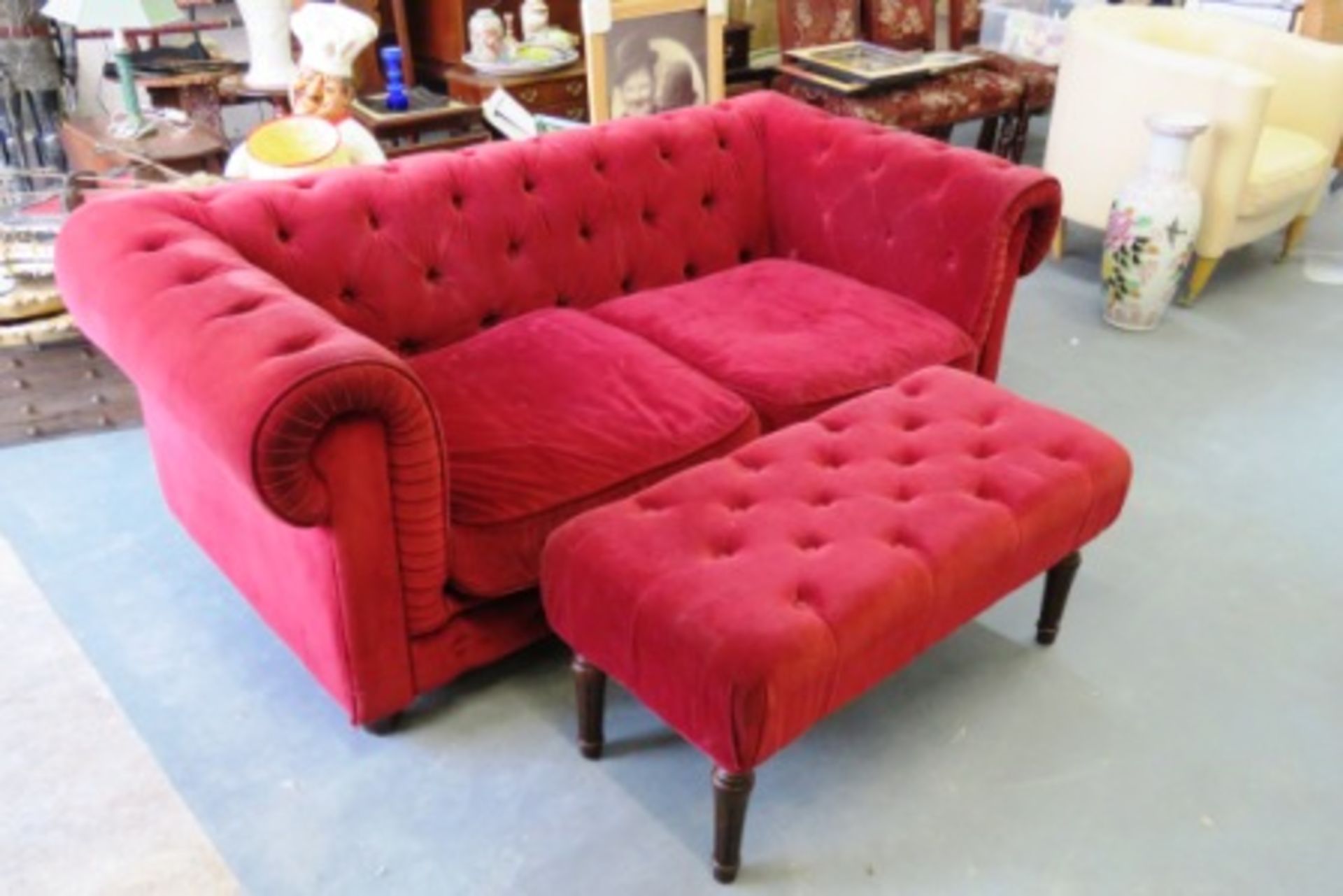 CHESTERFIELD STYLE FABRIC TWO SEATER SOFA WITH MATCHING FOOTSTOOL - Image 2 of 2