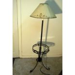 VINTAGE CAST IRON GLASS TOPPED TABLE WITH LAMP AND SHADE