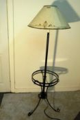 VINTAGE CAST IRON GLASS TOPPED TABLE WITH LAMP AND SHADE
