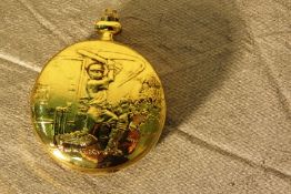 GOLD PLATED CRICKET THEMED POCKET WATCH - TESTED & WORKING