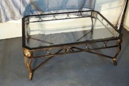 LARGE CAST IRON GLASS TOPPED COFFEE TABLE WITH ORNATE LIONS HEAD DECORATION