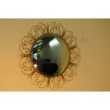 LARGE RETRO WROUGHT IRON CONVEX MIRROR WITH FLORAL SURROUND