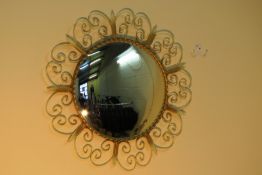LARGE RETRO WROUGHT IRON CONVEX MIRROR WITH FLORAL SURROUND