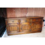 JAYCEE PRIORY STYLE DARK OAK VINTAGE SIDEBOARD - 3 DRAWERS - 3 CUPBOARDS - BRASS HANDLES