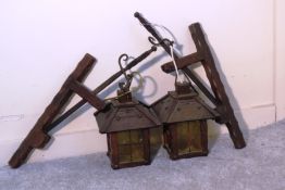 2 x VINTAGE COACH LANTERNS WITH CAST IRON SWORDS & WOODEN WALL BRACKETS