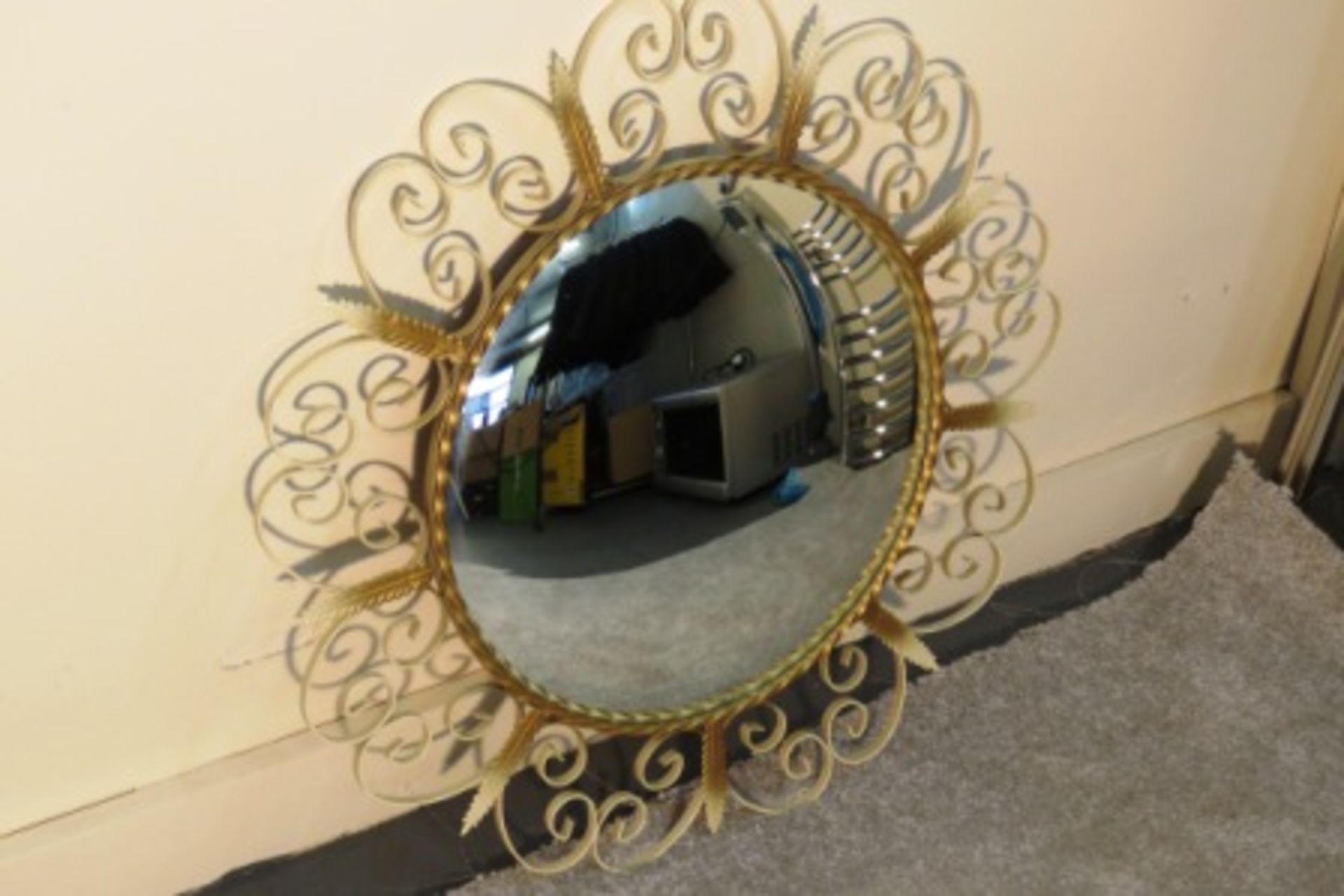 LARGE RETRO WROUGHT IRON CONVEX MIRROR WITH FLORAL SURROUND - Image 2 of 4