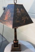 EXQUISITE ORIENTAL INLAID LAMP WITH DECORATIVE TIN SHADE