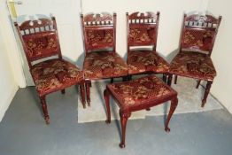 4 x VINTAGE DINING CHAIRS AND A QUEEN ANN LEGGED FOOTSTOOL