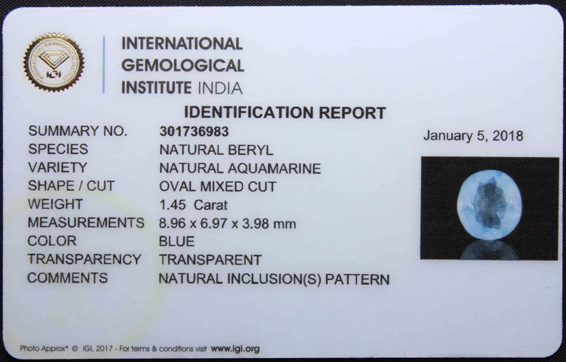 No Reserve, 1.45 Ct Aquamarine With IGI Certificate - Image 4 of 4