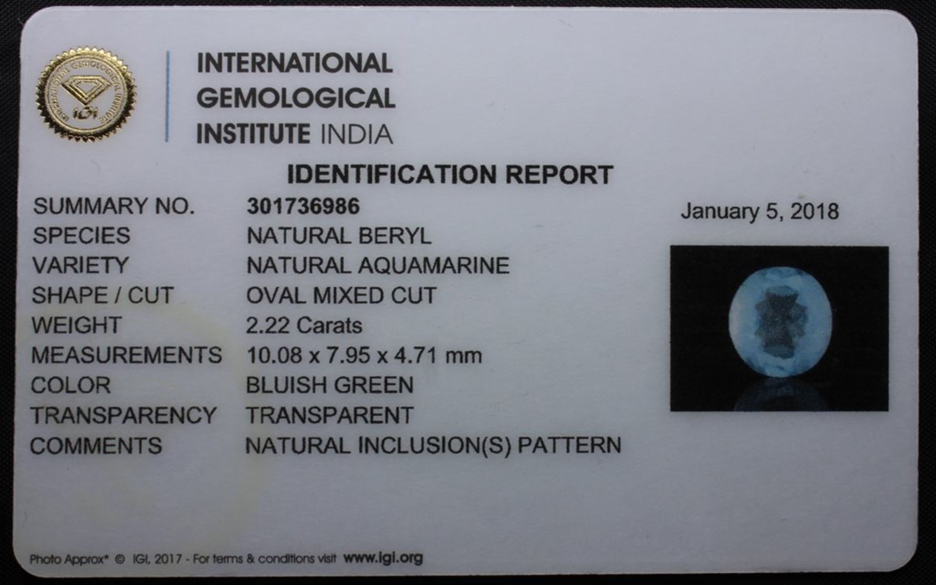 No Reserve, 2.22 Ct Aquamarine With IGI Certificate - Image 4 of 4
