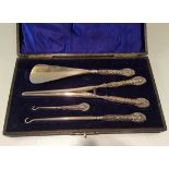 Antique Cased Edwardian Silver Shoe Glove and Button Hook Set Birmingham 1909