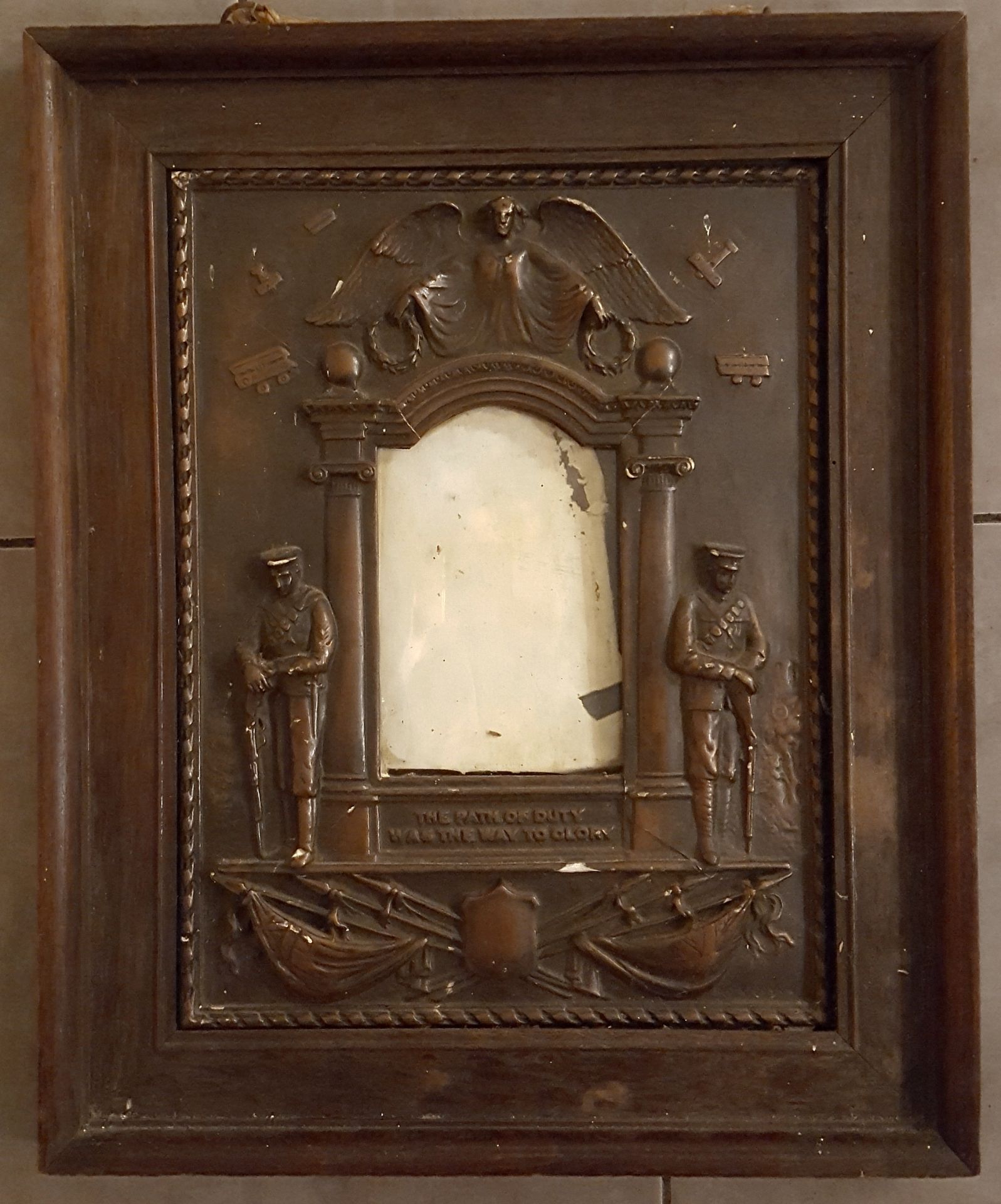 Antique WWI Oak Framed Memorial Plaque Picture Frame Bronze Patinated.