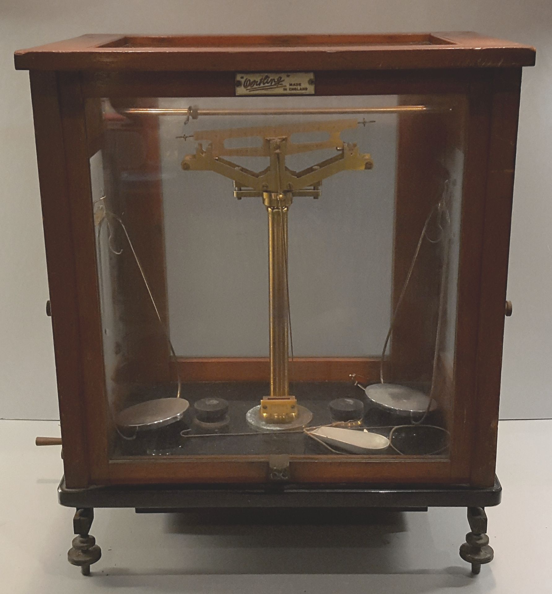 Antique L Oertling Scientific Scales in Glass Oak Framed Case.