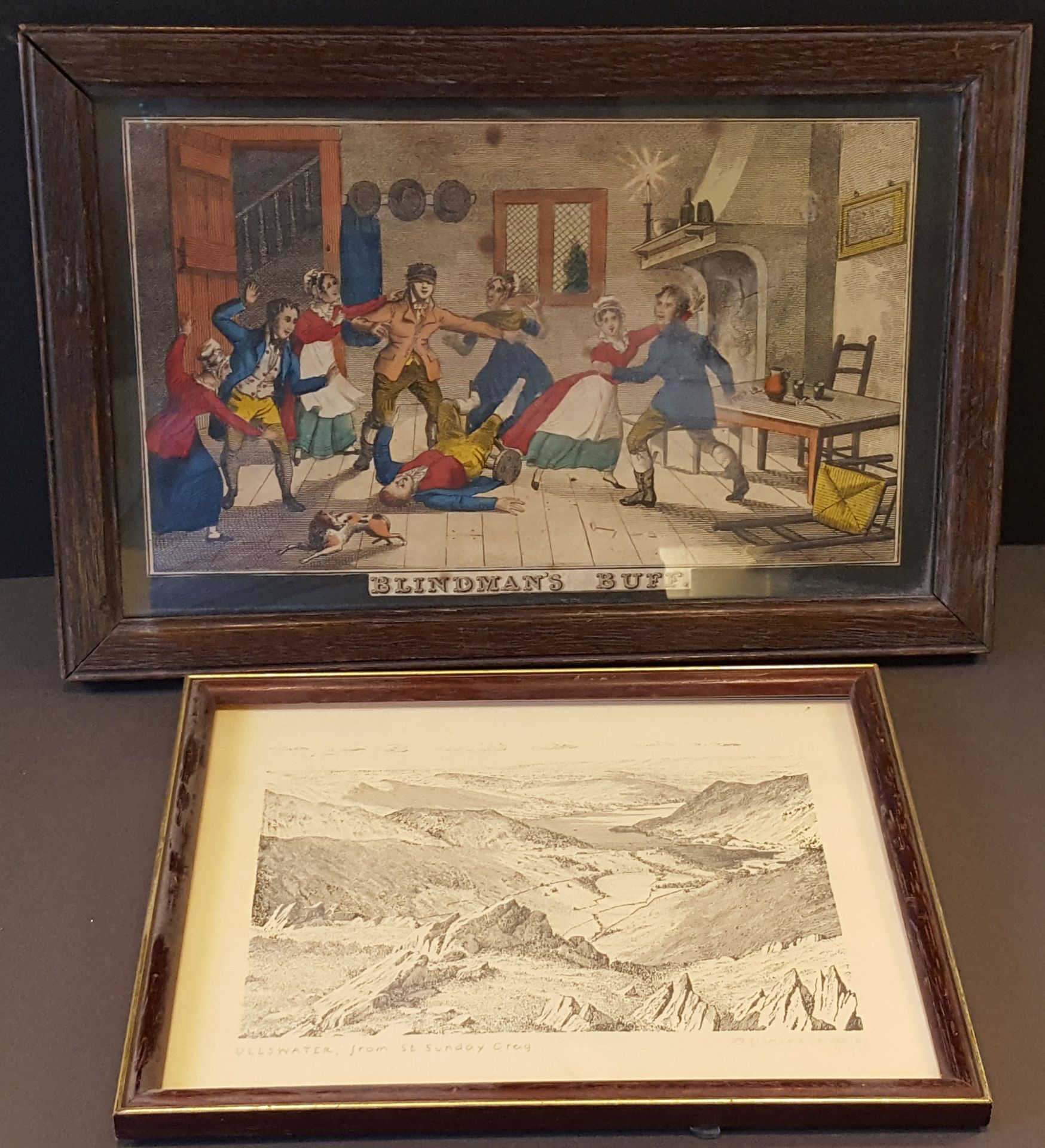 Antique Vintage Prints. Georgian 'Blinds Man's Buff' Colour Print & Wainwright Ullswater Signed