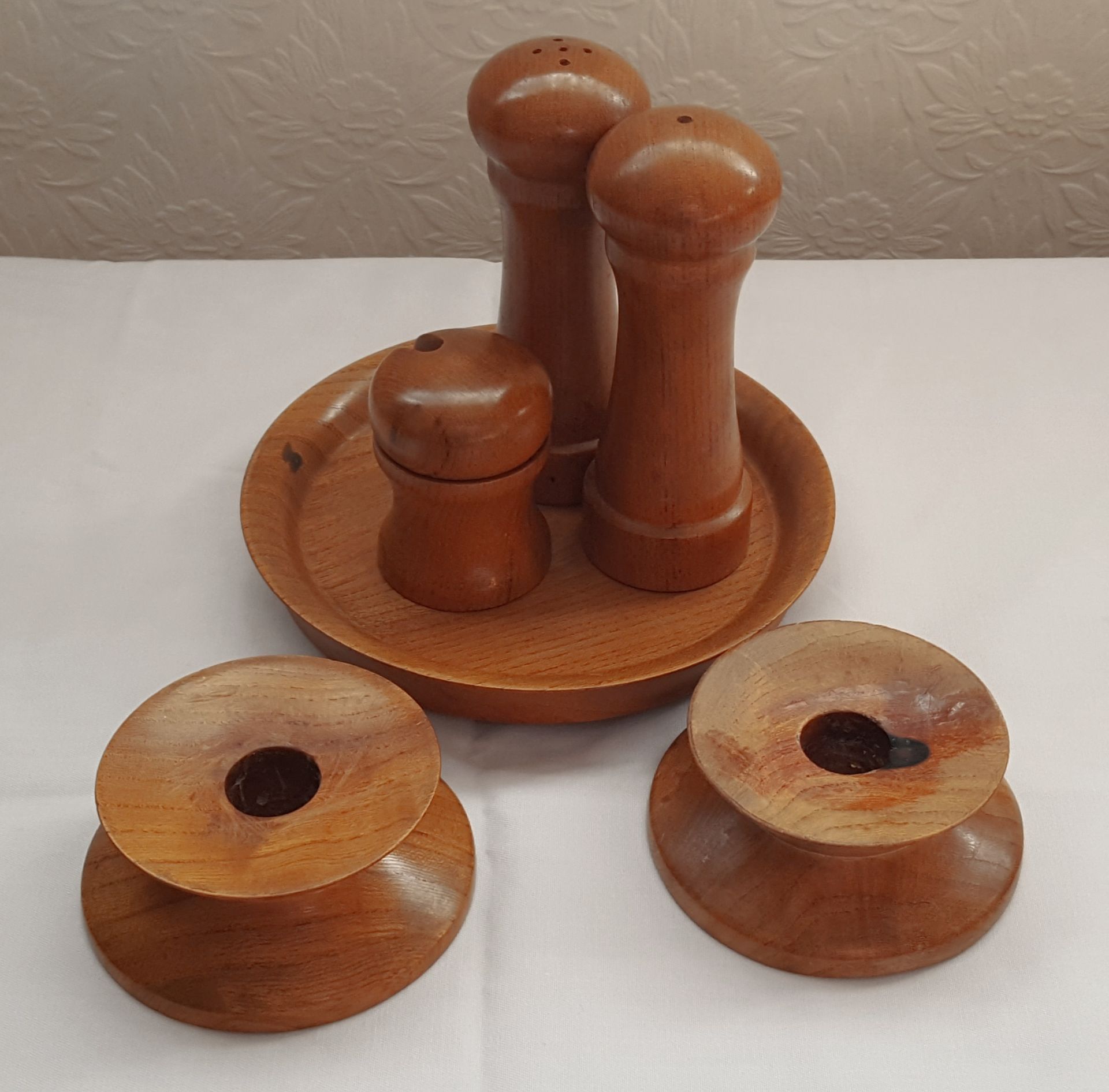 Vintage Retro Hand Made English Elm Cruet Set & Candle Sticks April 1975