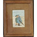 Antique Vintage Watercolour Painting, Cartoon Style, Children on the Sea Front Promenade