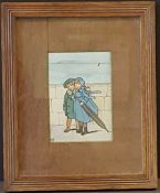 Antique Vintage Watercolour Painting, Cartoon Style, Children on the Sea Front Promenade