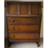 Vintage Retro Oak Priory Style Bureau 3 Drawers Fold Down Top