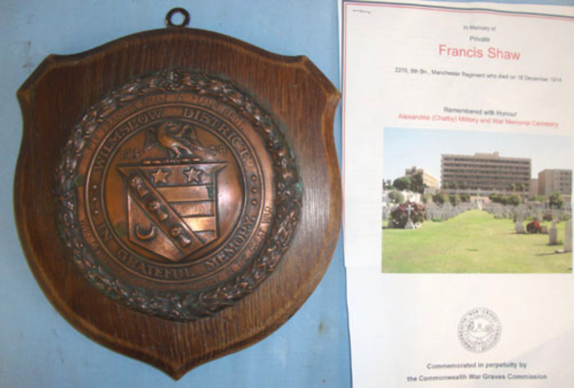 WW1 Wilmslow District Memorial Shield With Copper Centre Boss