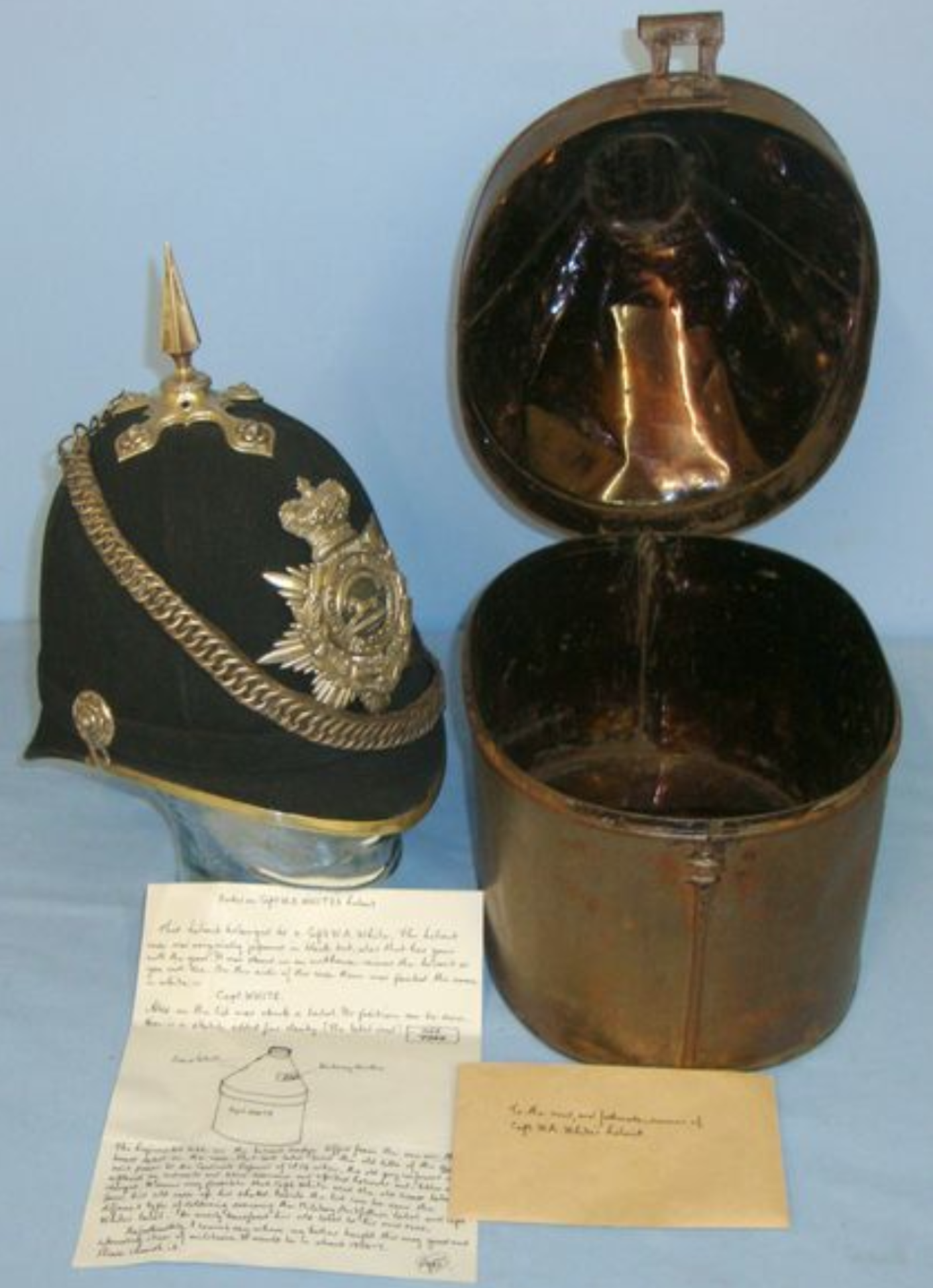 Pre 1902, Victorian Home Service Pattern, British Officers Blue Cloth Helmet with Transit Tin - Image 2 of 3