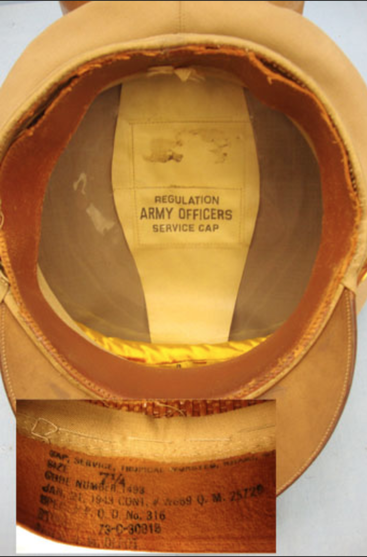 WW2 1943 USAAF Officer's Tropical Peaked Cap, Size 7 1/4". - Image 3 of 3