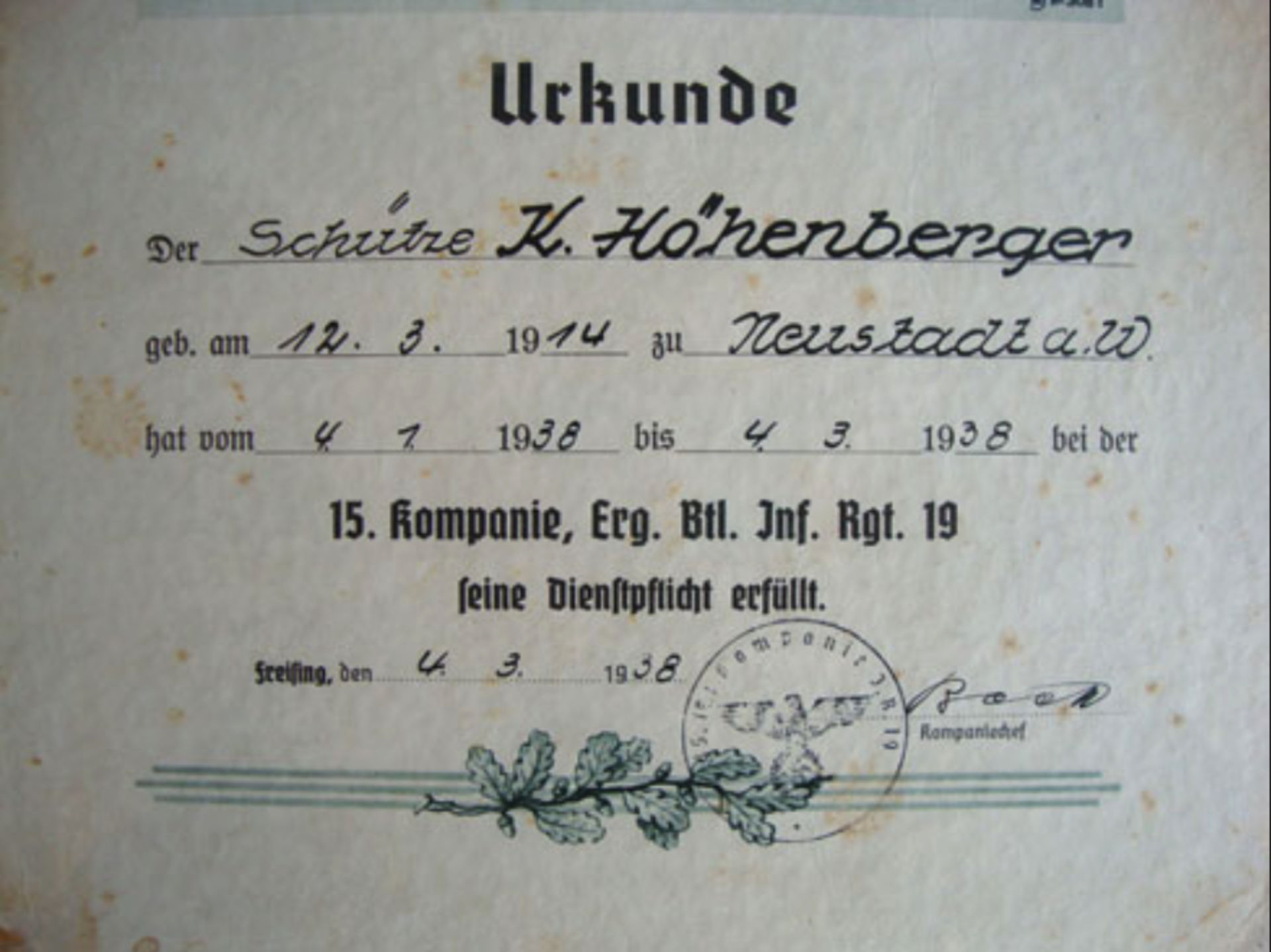 Original Researchable German WW2 Signed Certificate Of Training, To Rifleman K. Hohenberger - Image 2 of 3