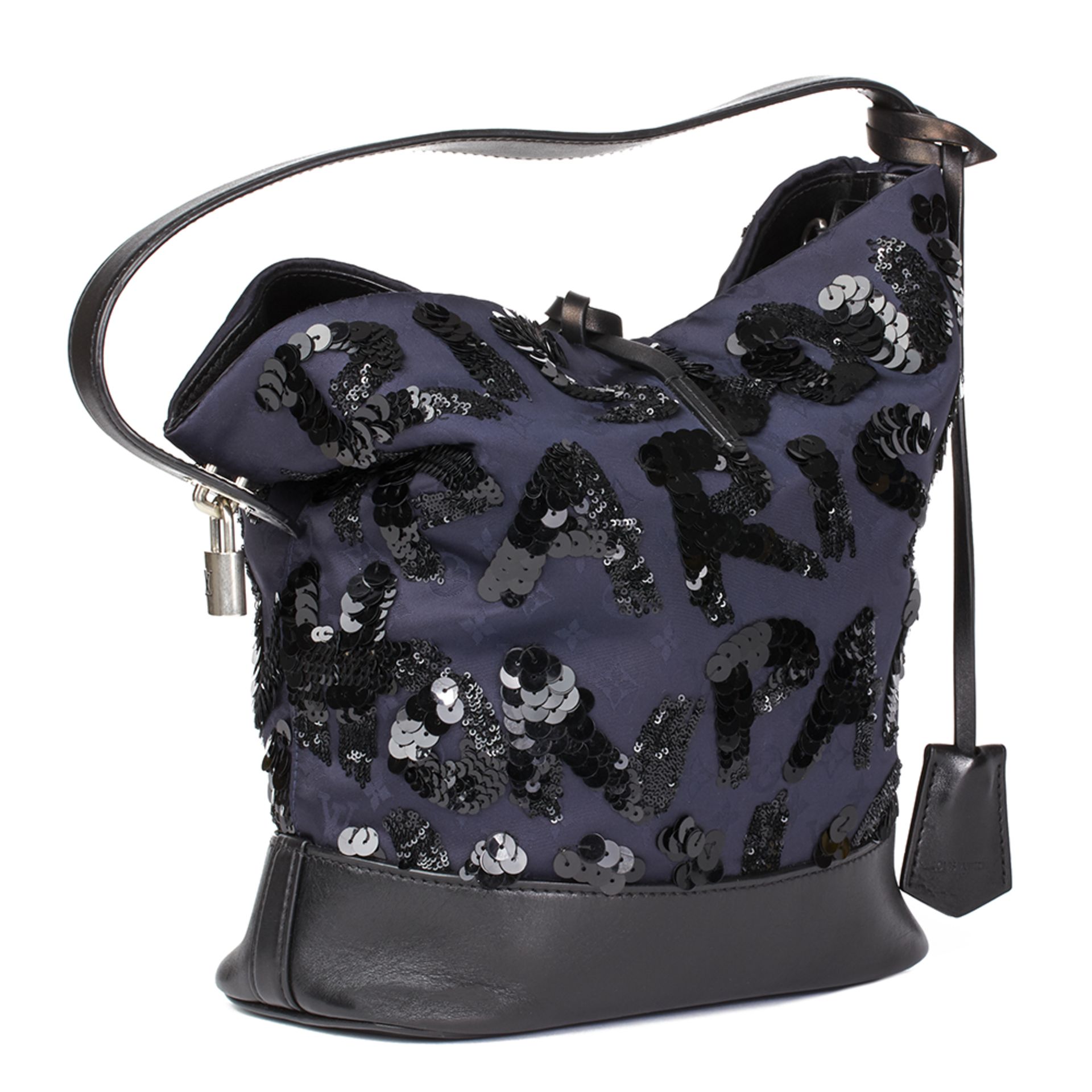 Navy Embellished Jacquard Monogram Satin & Black Calfskin Leather Spotlight PM - Image 4 of 10