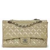 Pale Olive Quilted Iridescent Patent Leather Medium Classic Double Flap Bag