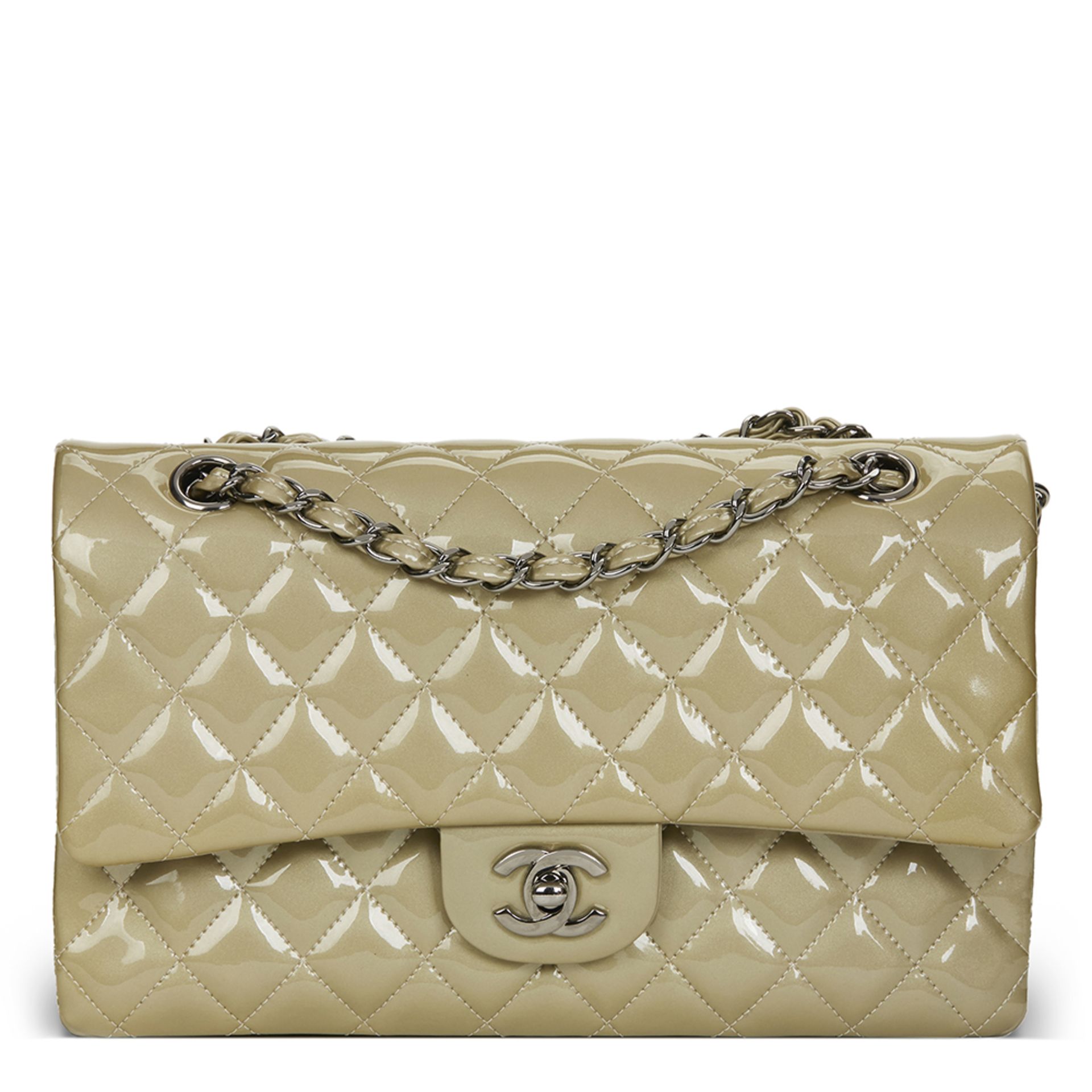 Pale Olive Quilted Iridescent Patent Leather Medium Classic Double Flap Bag