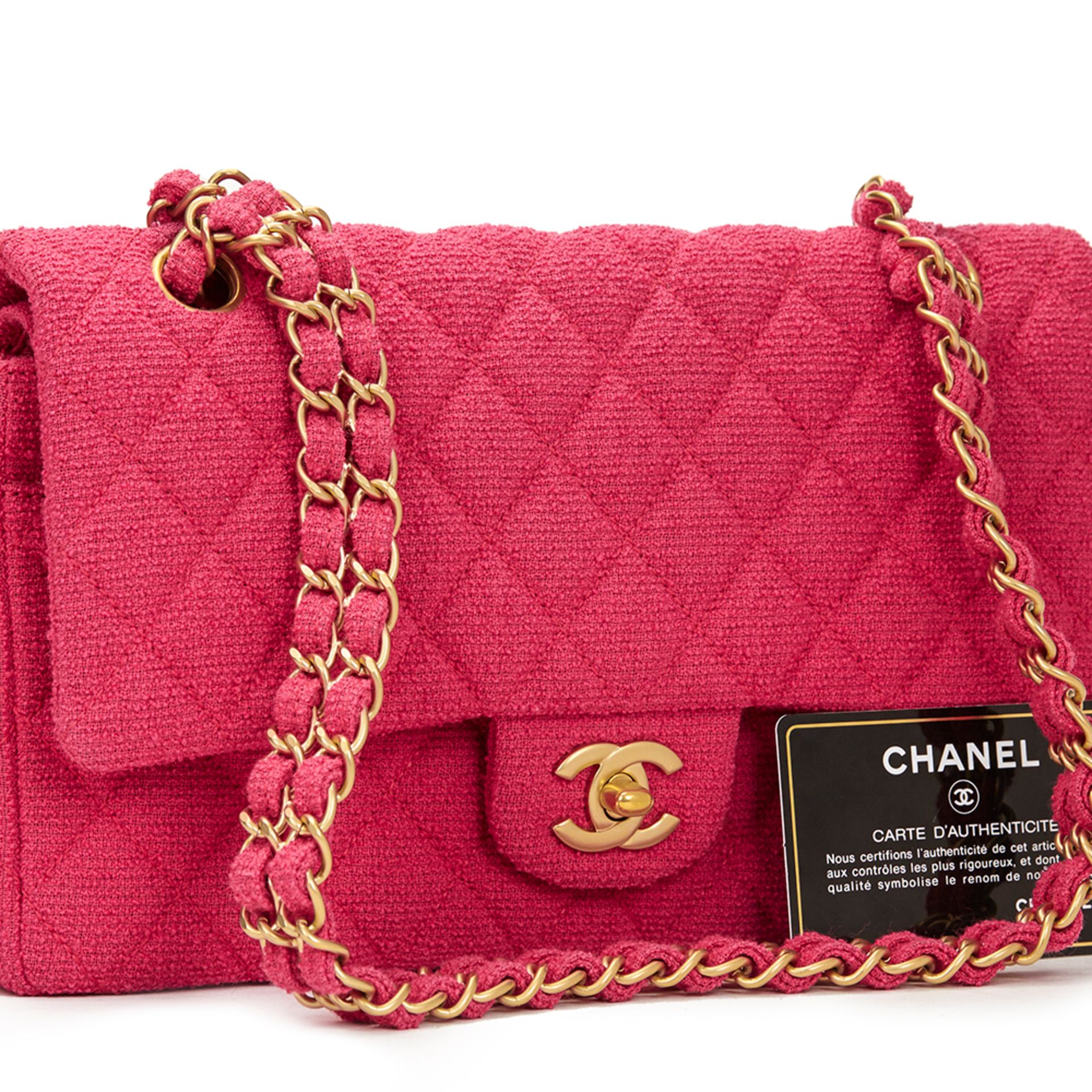 Fuchsia Quilted Boucl Fabric Medium Classic Double Flap Bag - Image 10 of 10