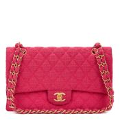 Fuchsia Quilted Boucl Fabric Medium Classic Double Flap Bag