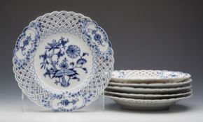 Six Antique Meissen Blue & White Onion Pattern Pierced Plates 19Th C.