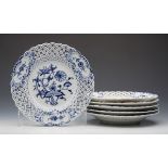 Six Antique Meissen Blue & White Onion Pattern Pierced Plates 19Th C.