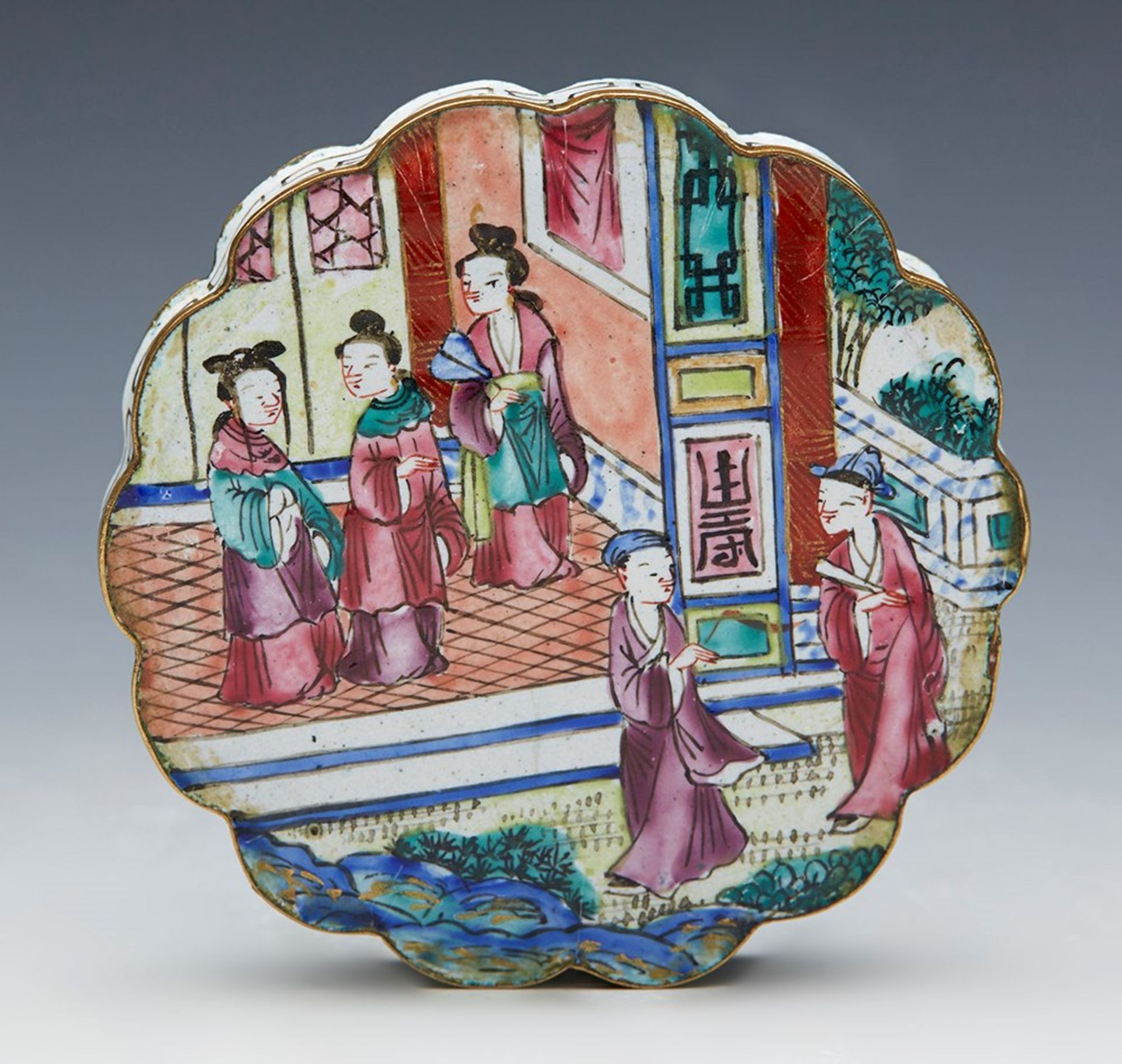Antique Chinese Canton Enamel Lidded Box With Figures C.1800 - Image 6 of 8