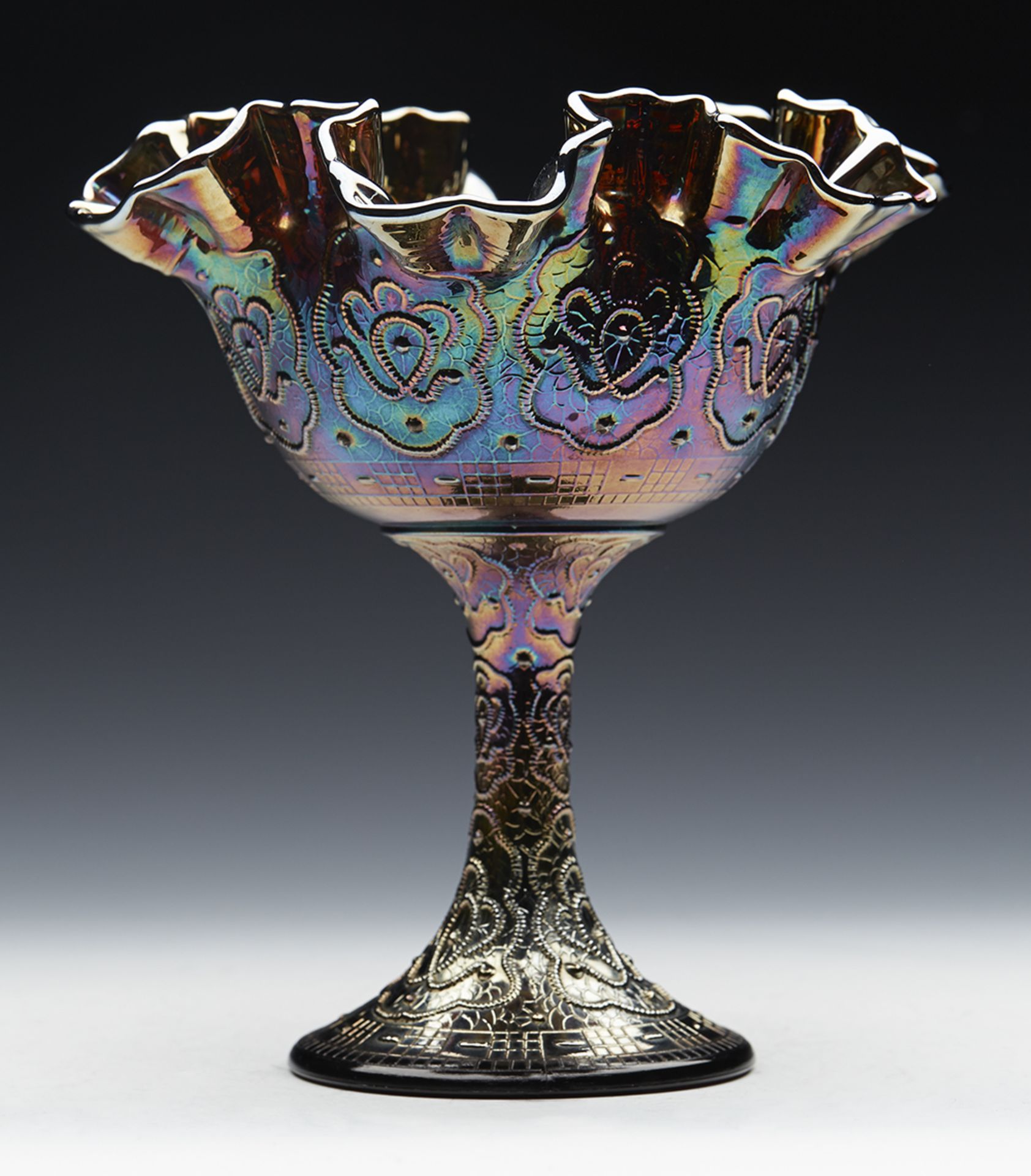 Vintage Fenton Persoan Medallion Pedestal Carnival Glass Bowl 20Th C. - Image 13 of 14