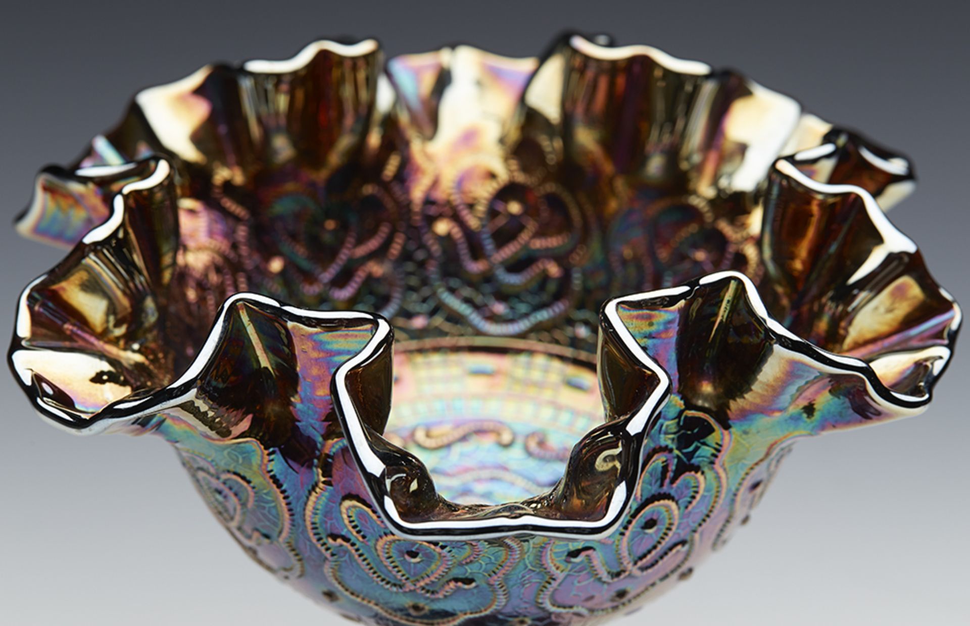 Vintage Fenton Persoan Medallion Pedestal Carnival Glass Bowl 20Th C. - Image 6 of 14