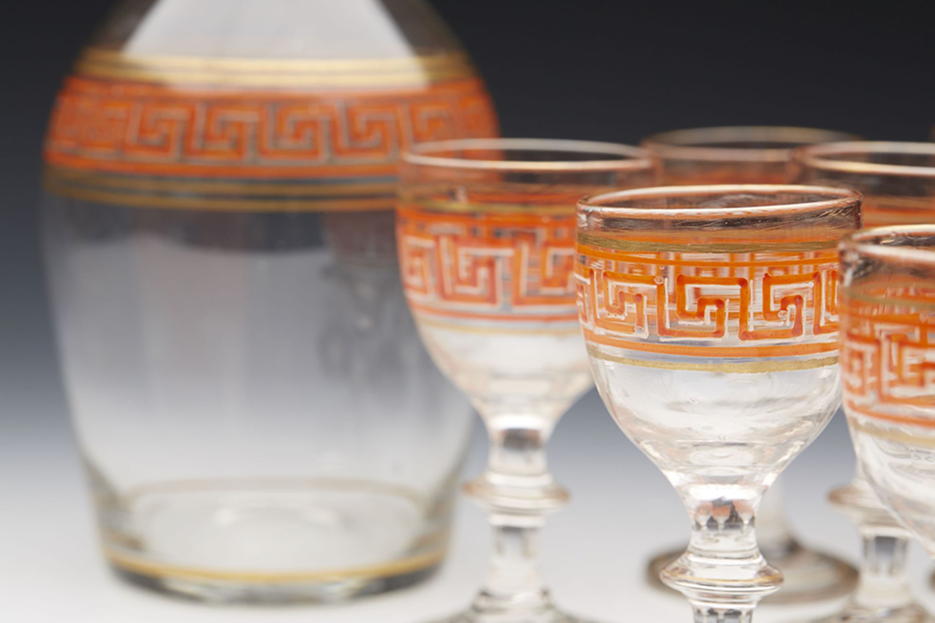 Antique Greek Key Pattern Glass Spirit Decanter & Glasses 19Th C. - Image 2 of 9