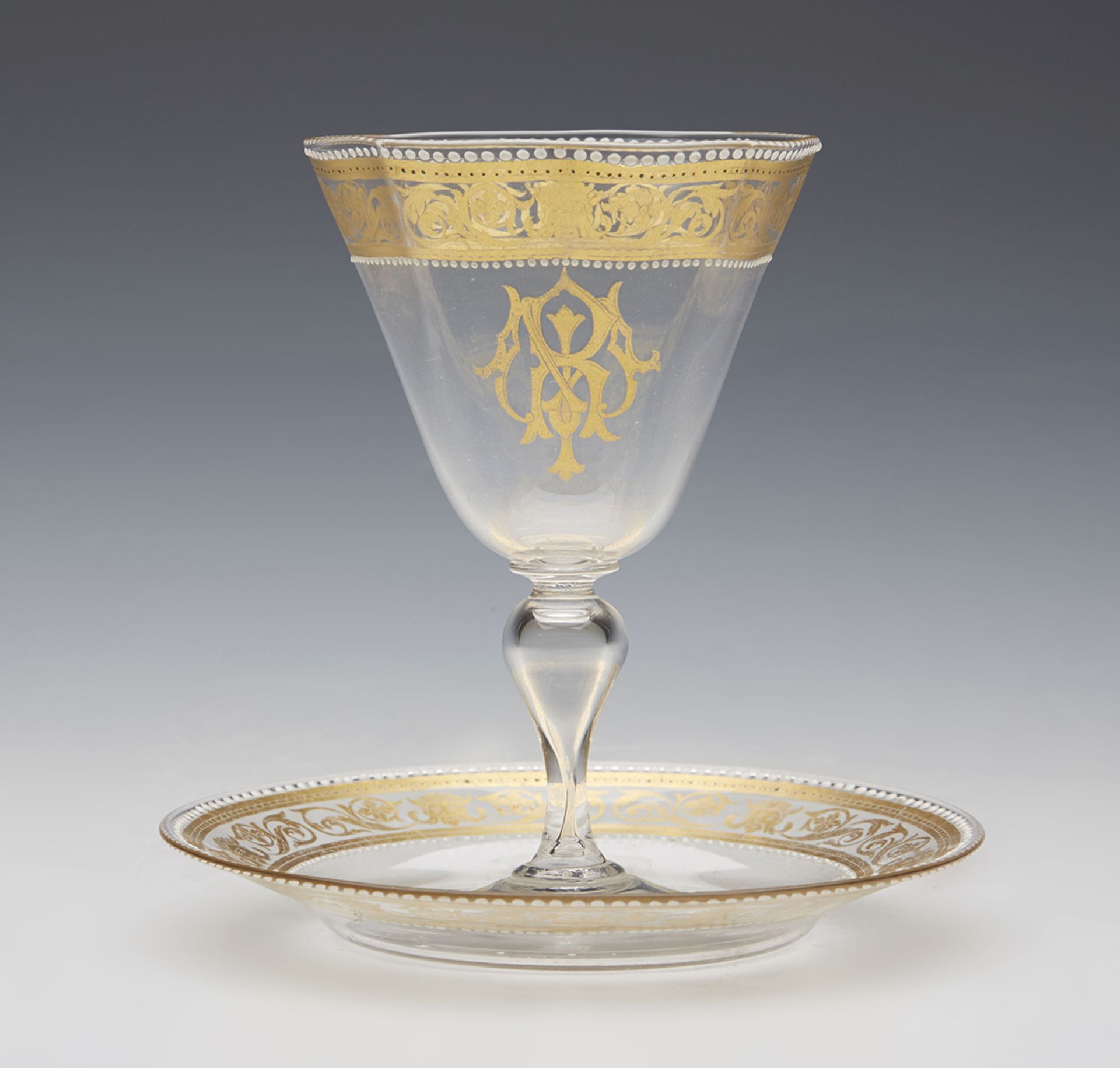 Vintage Venetian Gilded Wine Glass And Stand With Monogram 19/20Th C.